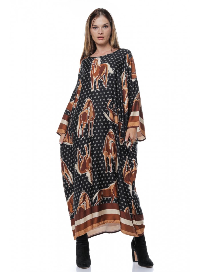 Rochie Luna, lunga, negru, cu imprimeu